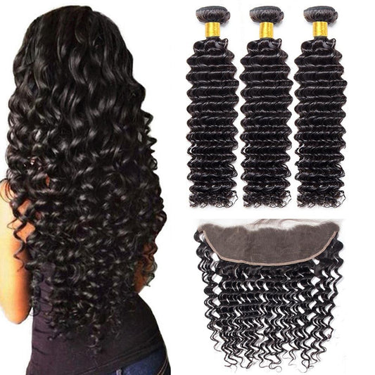 Ustyle 3 Bundles Deep Wave With 13*4 Lace Frontal 100% Human Virgin Hair