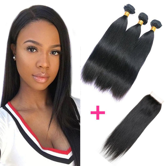 Ustyle 3 Bundles Brazilian Straight Hair 100% Human Virgin Hair With Lace Closure