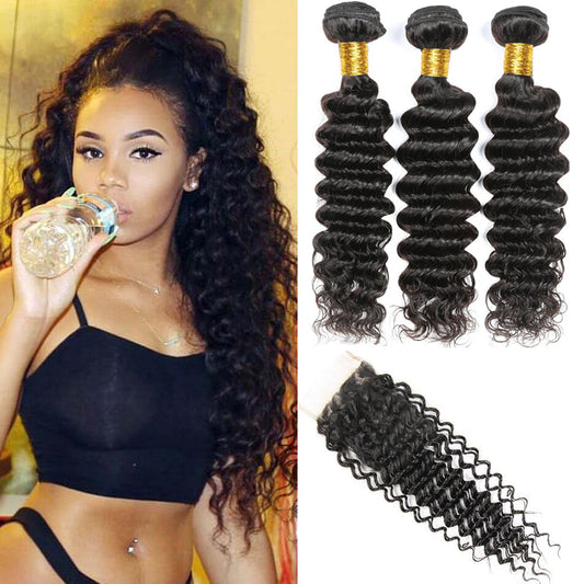 Ustyle Brazilian 3 Bundles Deep Wave 100% Human Virgin Hair With Lace Closure - Ustyle Hair