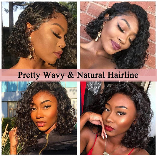 Lace Frontal Human Water Wave Bob Hair Wig 8-14inch, 100% Remy Human Hair