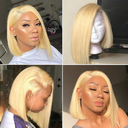 Lace Front Human 613 Blonde Straight Bob Hair Wig 8-14inch, 100% Remy Human Hair