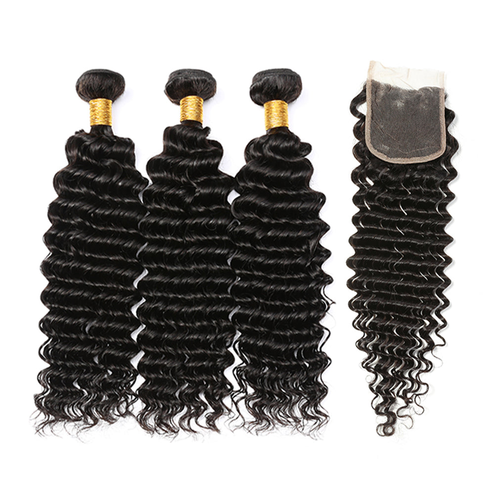 Ustyle Brazilian 3 Bundles Deep Wave 100% Human Virgin Hair With Lace Closure - Ustyle Hair